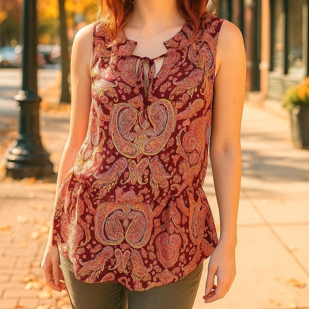 Banana Republic S Sleeveless Ruffle Blouse Paisley Peplum Neon Shirt